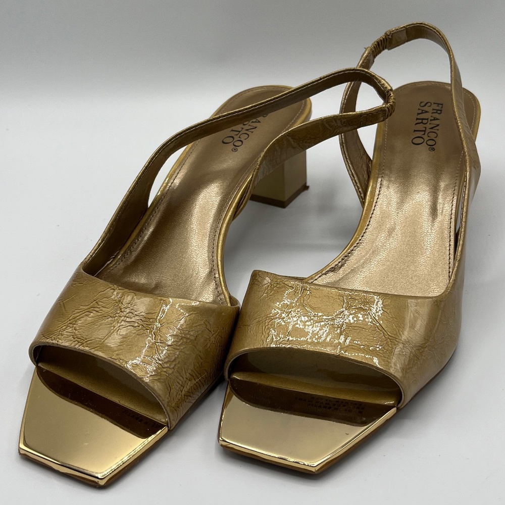 Franco Sarto Women's Gold Slingback Sandal in Gold Foil with Block Heel